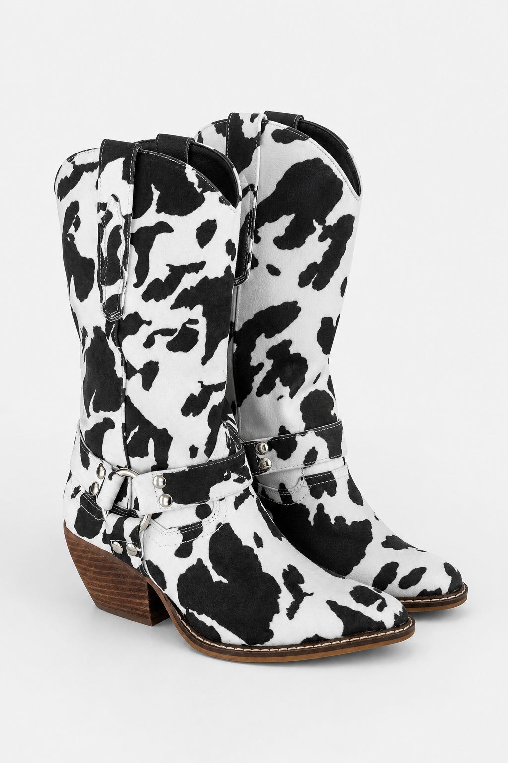 Bottes Santiags Mi-Mollet à Imprimé Vache Noir et Blanc