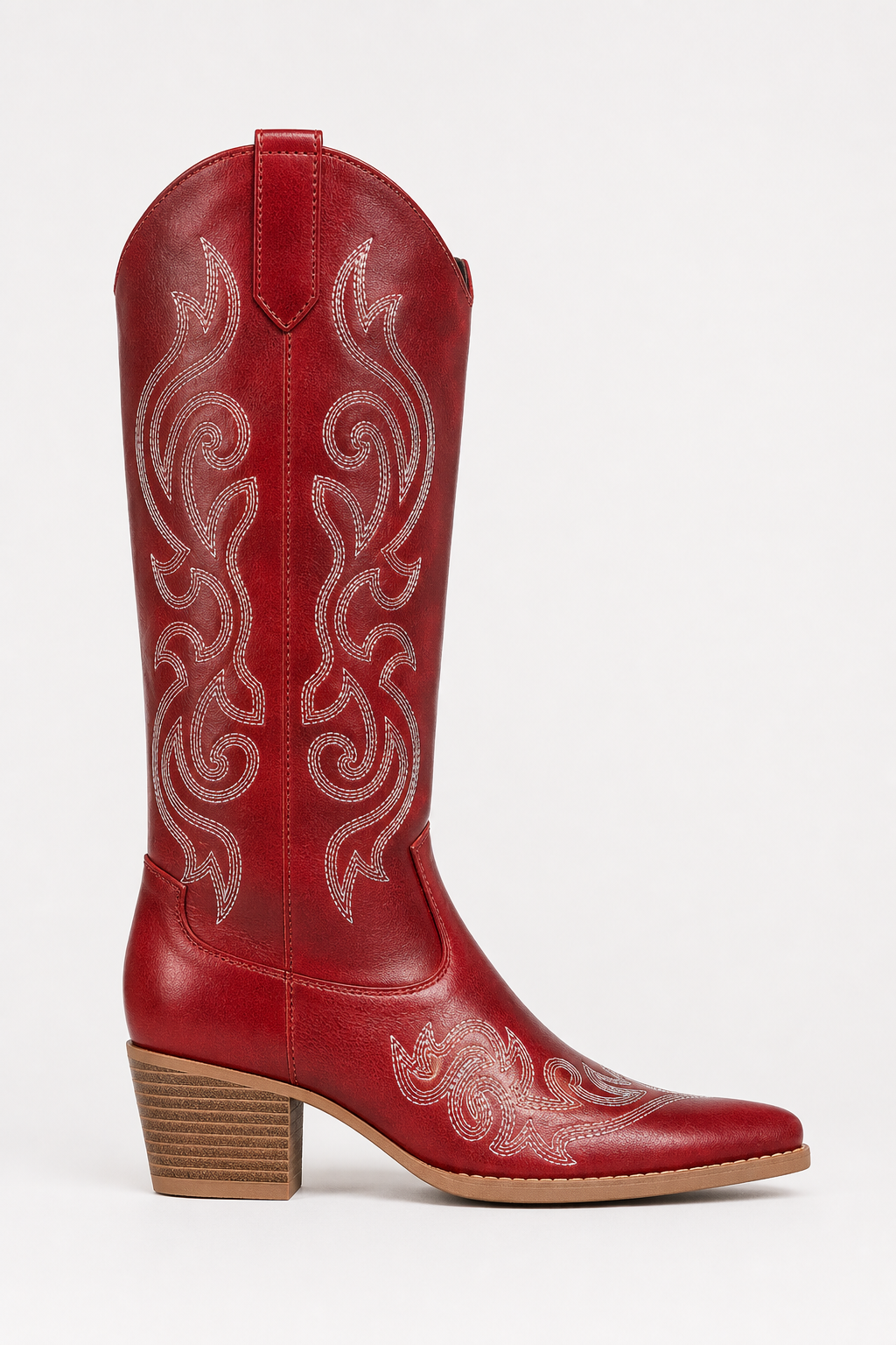 Bottes Santiags en Similicuir Rouge Bordeaux Brodées
