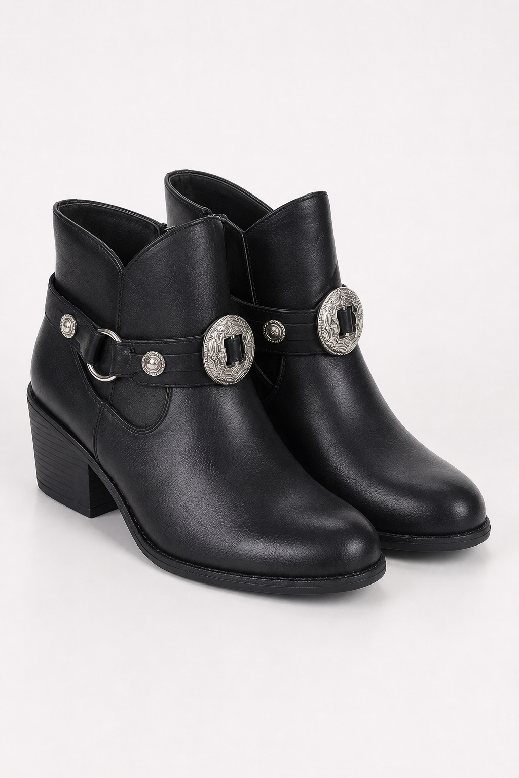 Bottines Noires Style Western à Boucles Argentées