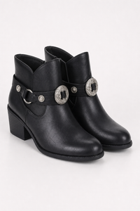 Bottines Noires Style Western à Boucles Argentées
