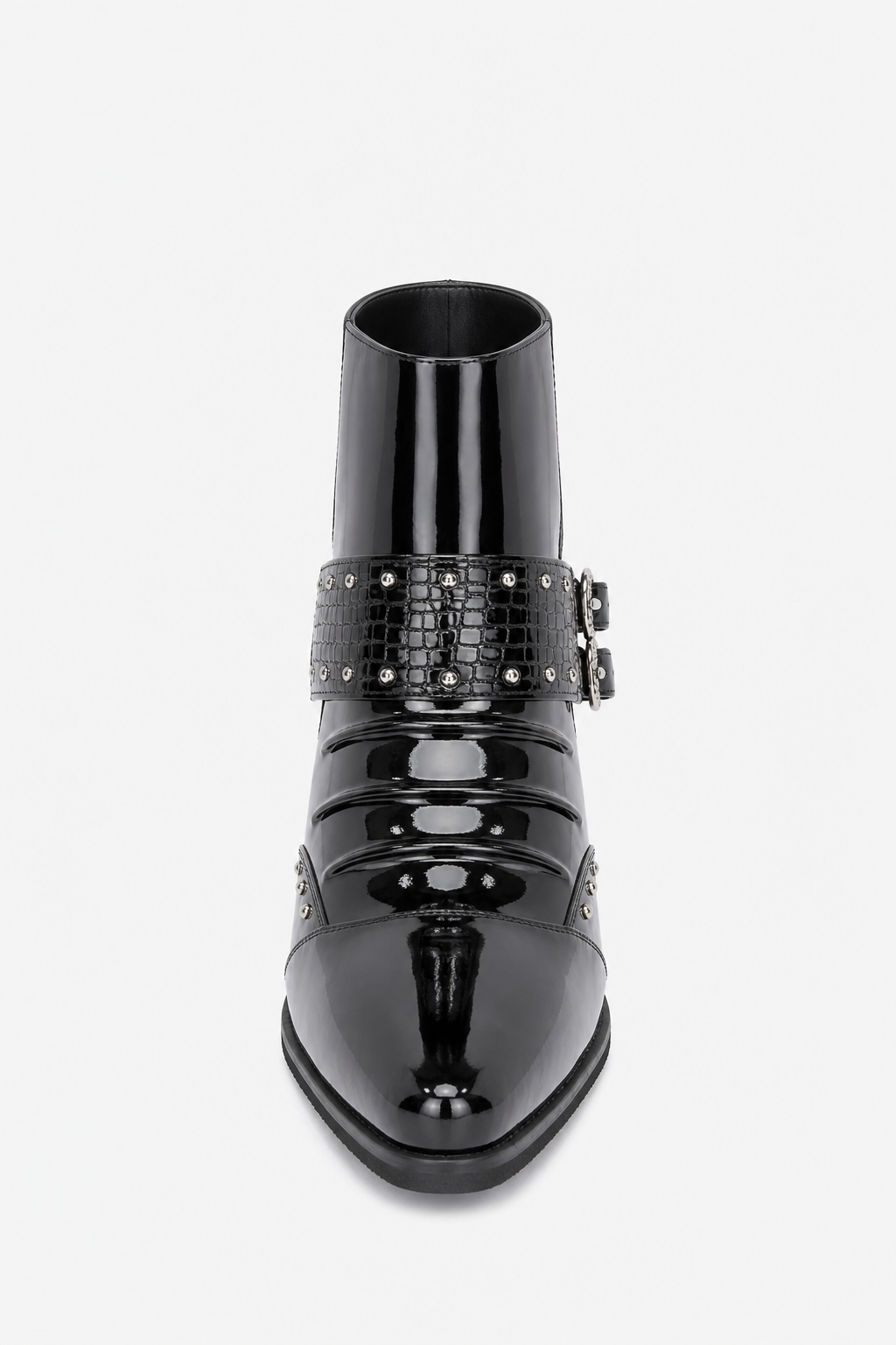 Bottines Homme Noires Vernies à Bout Pointu Croco et Boucle