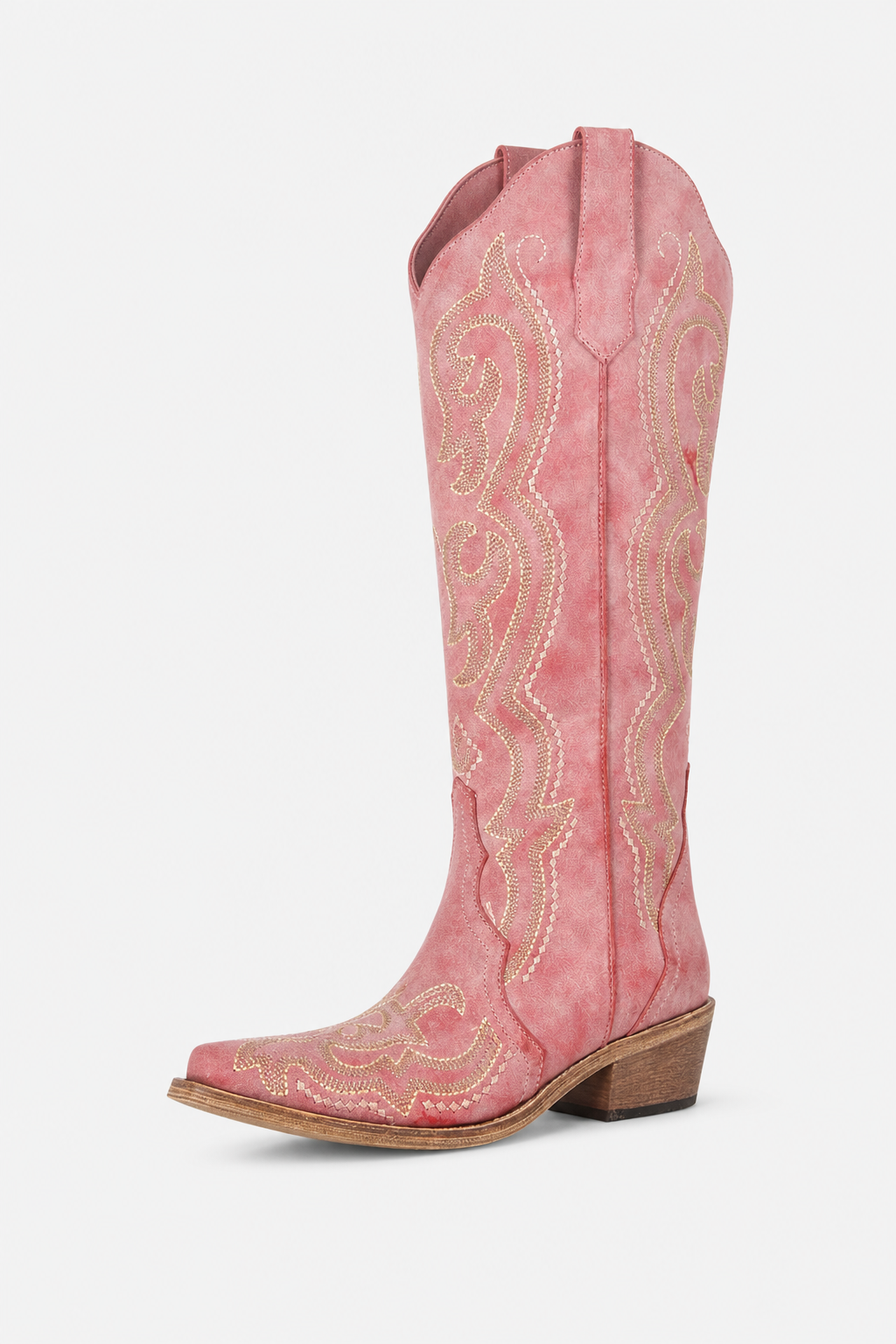 Santiags Hautes en Daim Rose Fumé à Broderies Or