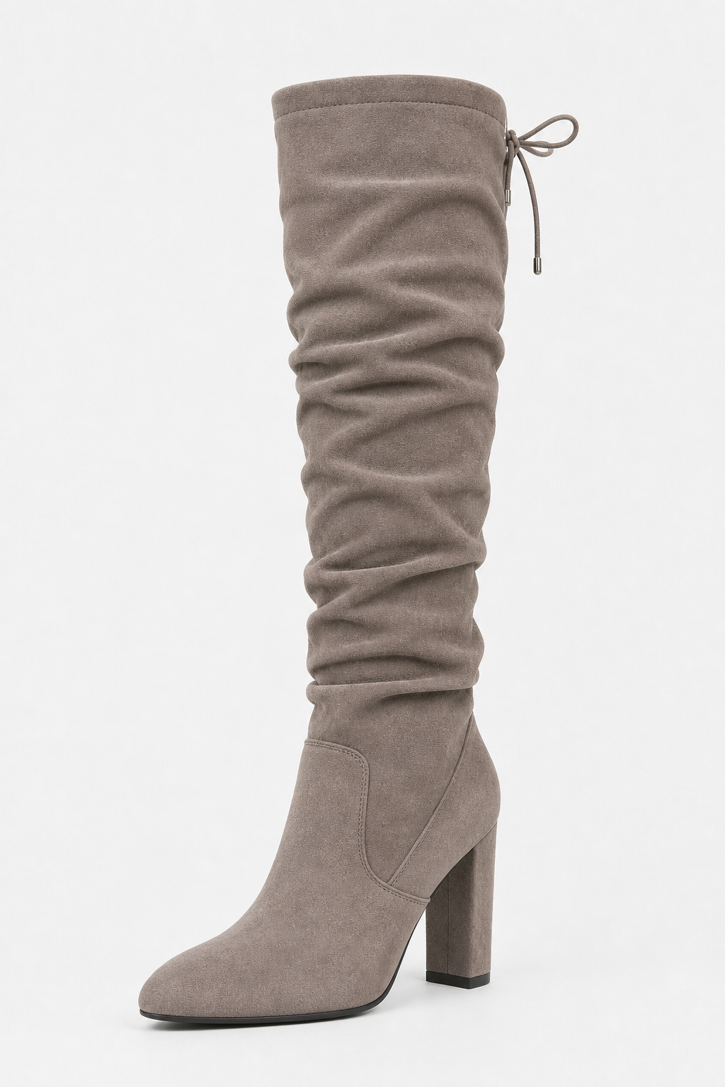 Bottes Cuissardes Froncées en Daim Gris à Talon Bloc