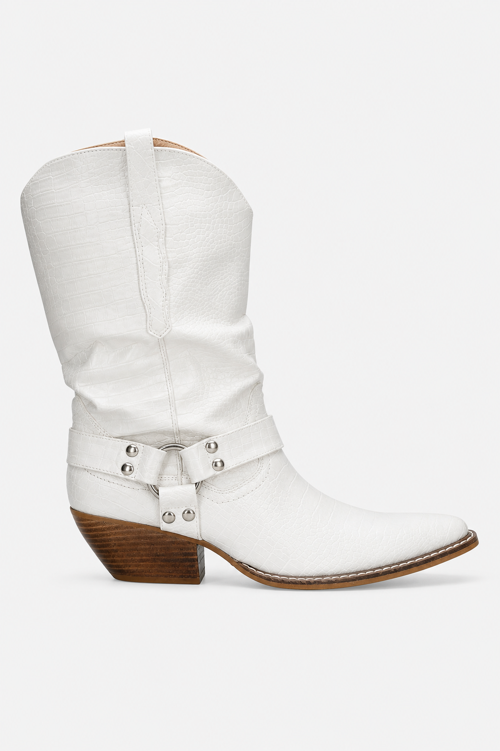 Bottes Santiags Blanches à Effet Croco et Sangle Harnais