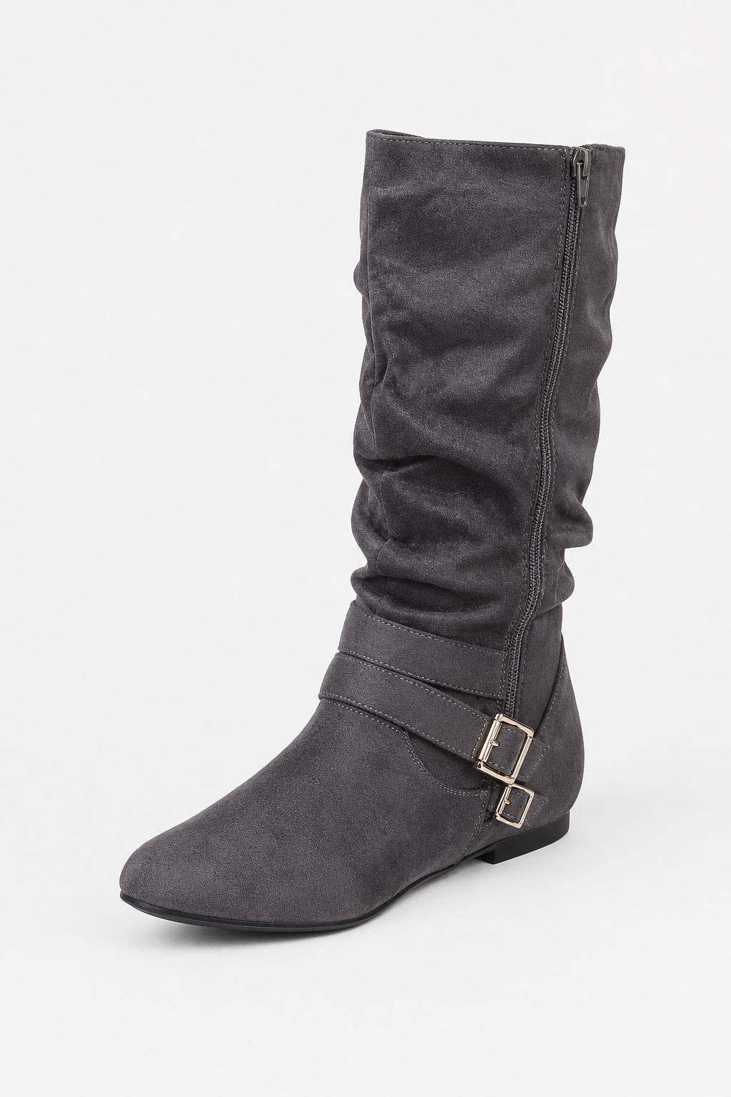 Bottes Plates en Daim Gris Anthracite Fronsées à Boucles