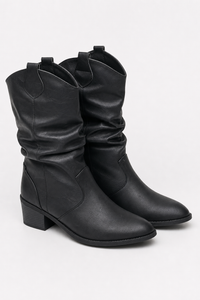 Bottes Western en Similicuir Noir Froncées