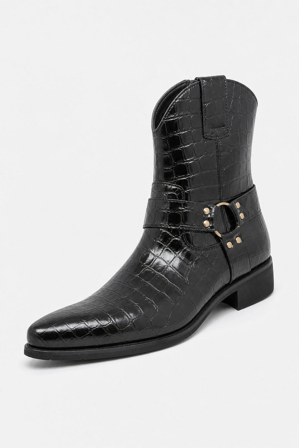 Bottines Homme Noires Façon Croco à Sangle Harnais