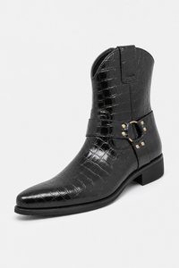 Bottines Homme Noires Façon Croco à Sangle Harnais