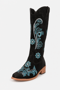 Bottes Santiags en Suédine Noires à Motifs Floraux