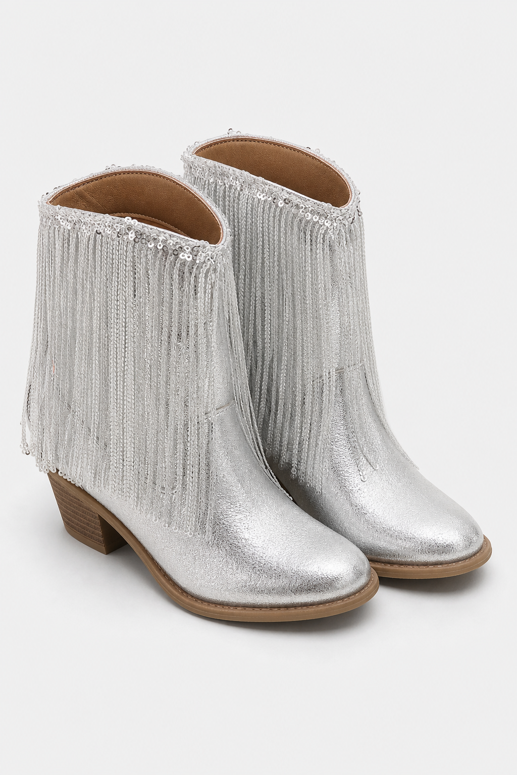 Bottines Argentées à Franges de Paillettes et Talon Carré