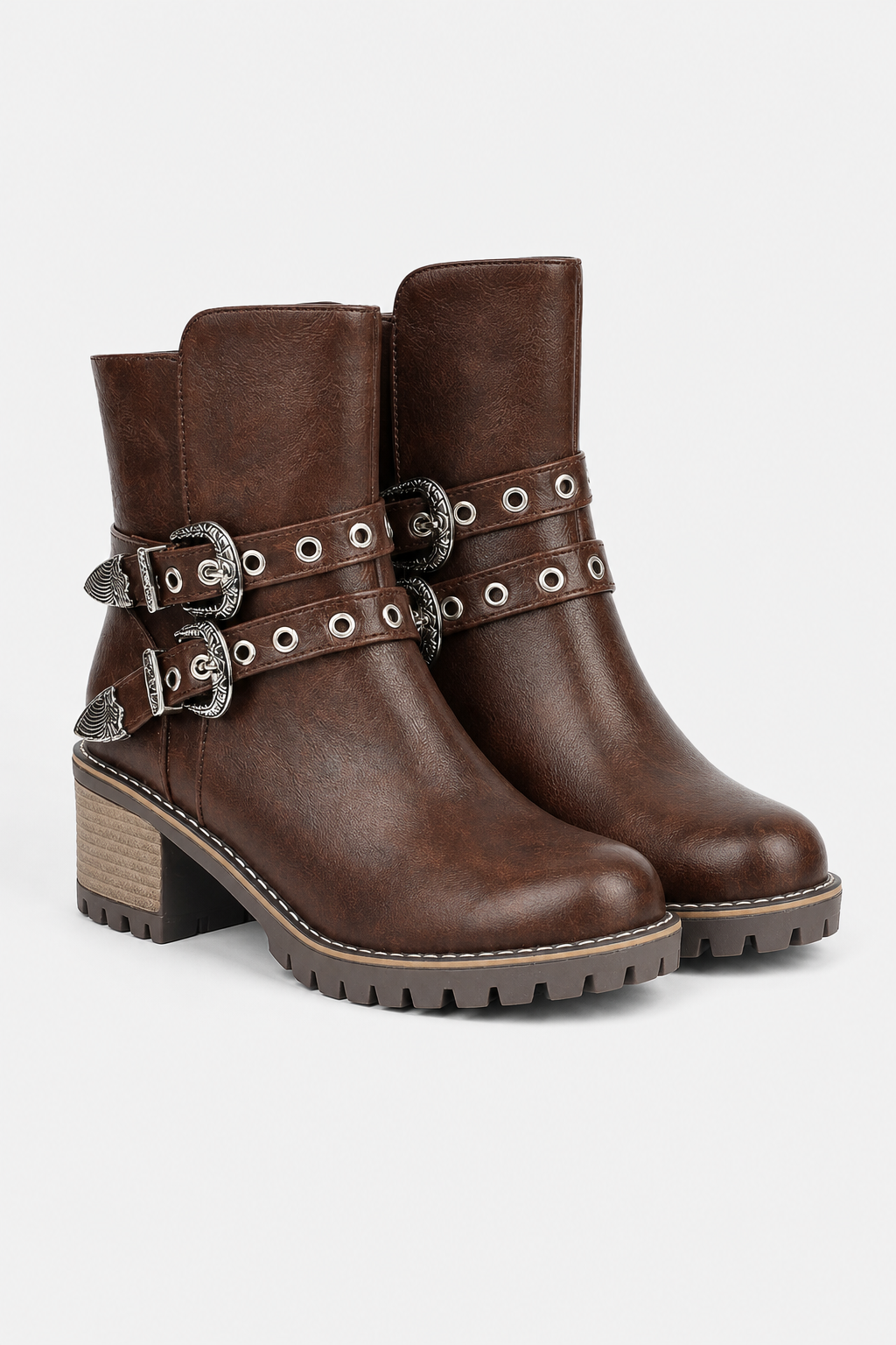 Bottines Biker en Similicuir Marron à Boucles Ornées