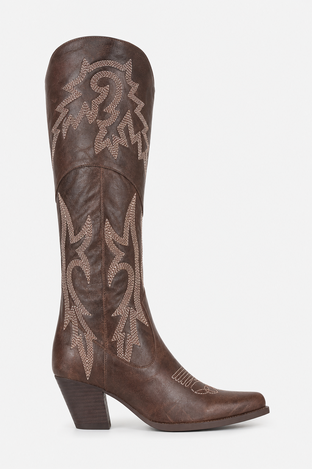Bottes Santiags Hautes en Similicuir Marron Brodées