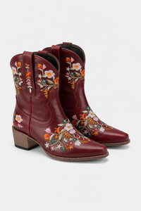 Bottes Santiags en Similicuir Bordeaux à Motifs Floraux