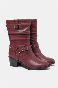 Bottes en Similicuir Bordeaux Plissées à Sangle Cloutée Mi-Mollet