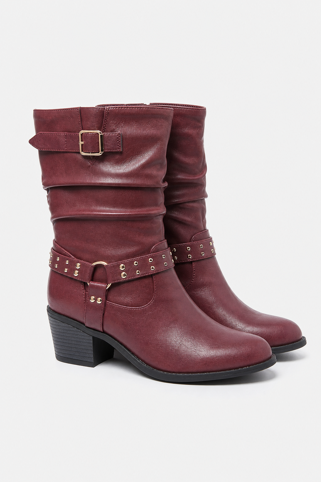 Bottes en Similicuir Bordeaux Plissées à Sangle Cloutée Mi-Mollet