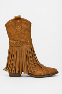 Bottes Santiags en Similicuir Brun à Franges et Clous