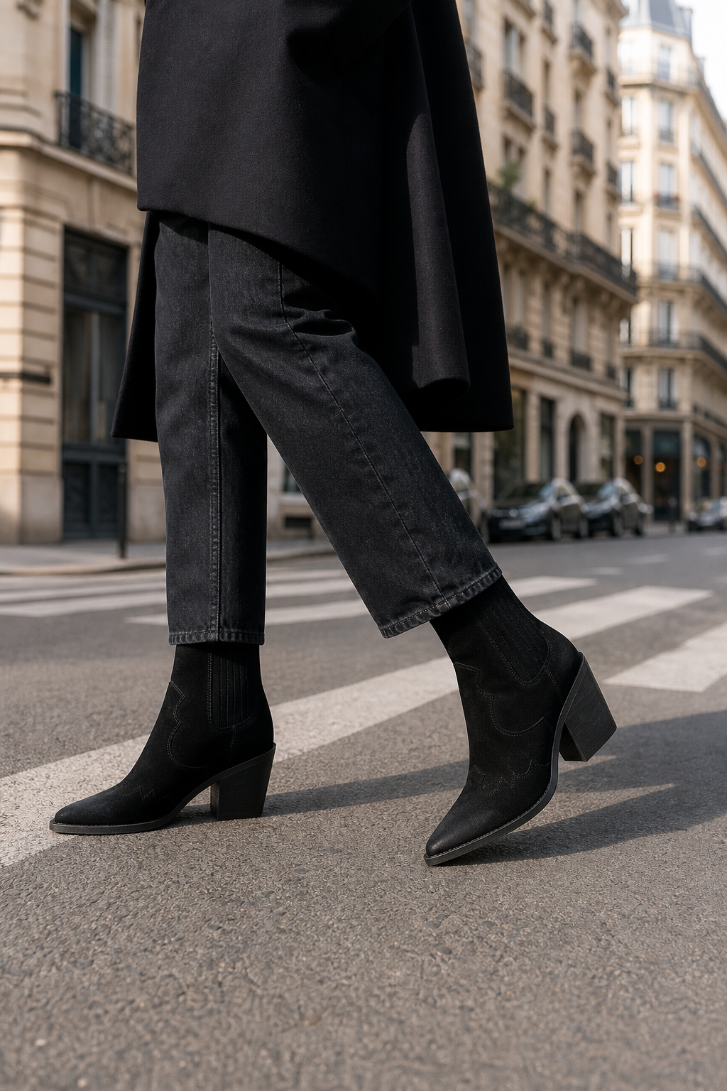 Bottes Santiags en Daim Noir à Bout Pointu