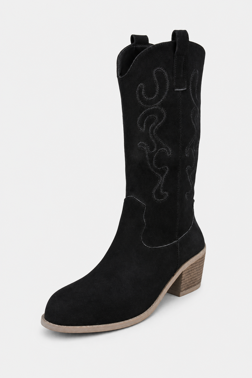 Bottes Santiags en Daim Noir Brodées à Talon Carré