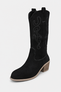 Bottes Santiags en Daim Noir Brodées à Talon Carré