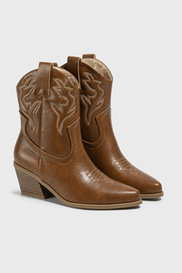Bottes Santiags en Similicuir Marron Caramel à Broderies
