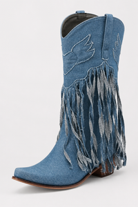 Bottes Santiags en Jean Bleu avec Motifs Ailés et Franges