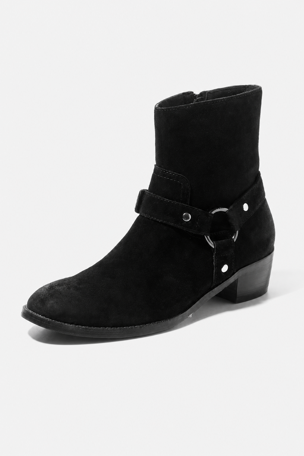 Bottines en Daim Noir à Bride Harnais et Anneau