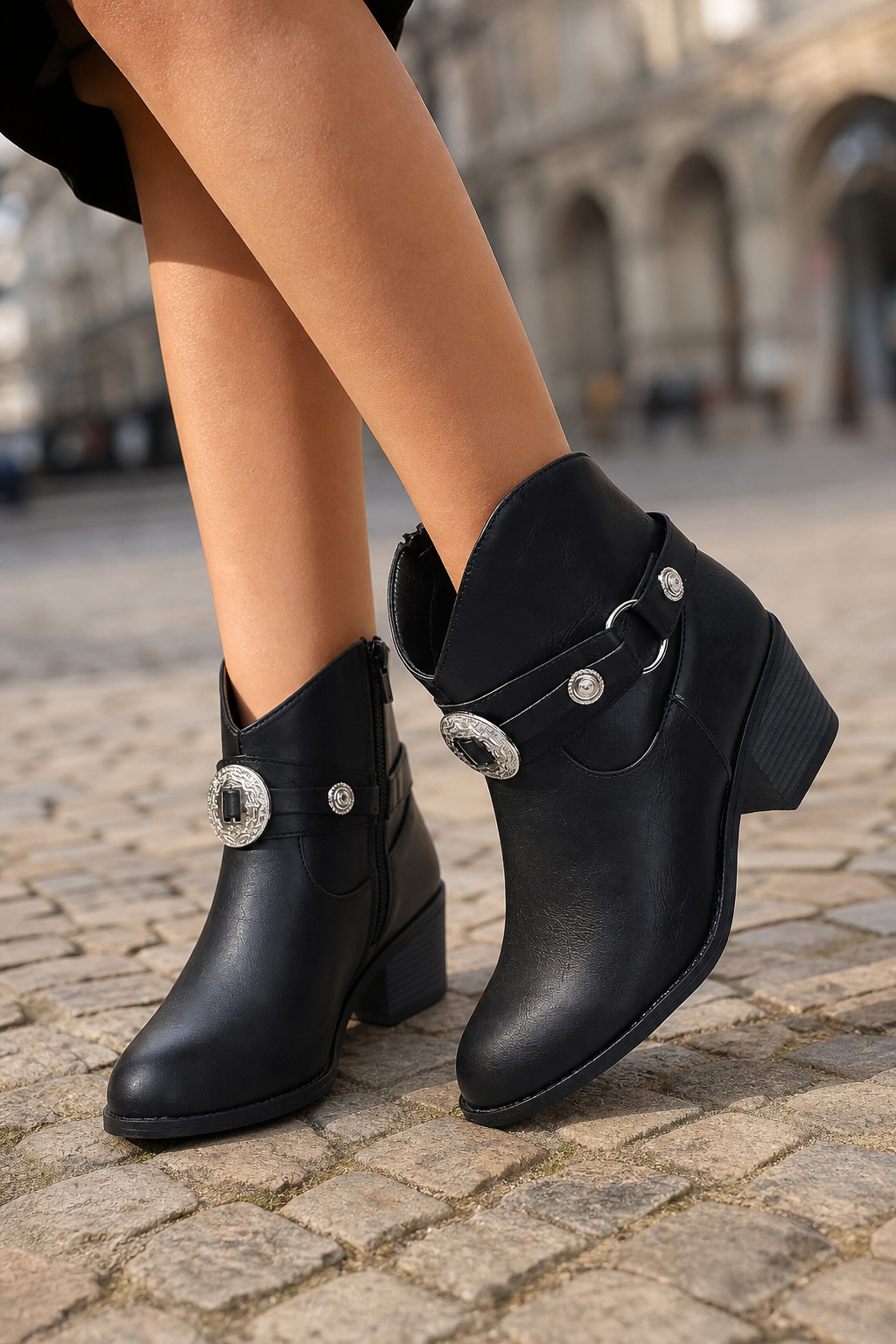 Bottines Noires Style Western à Boucles Argentées
