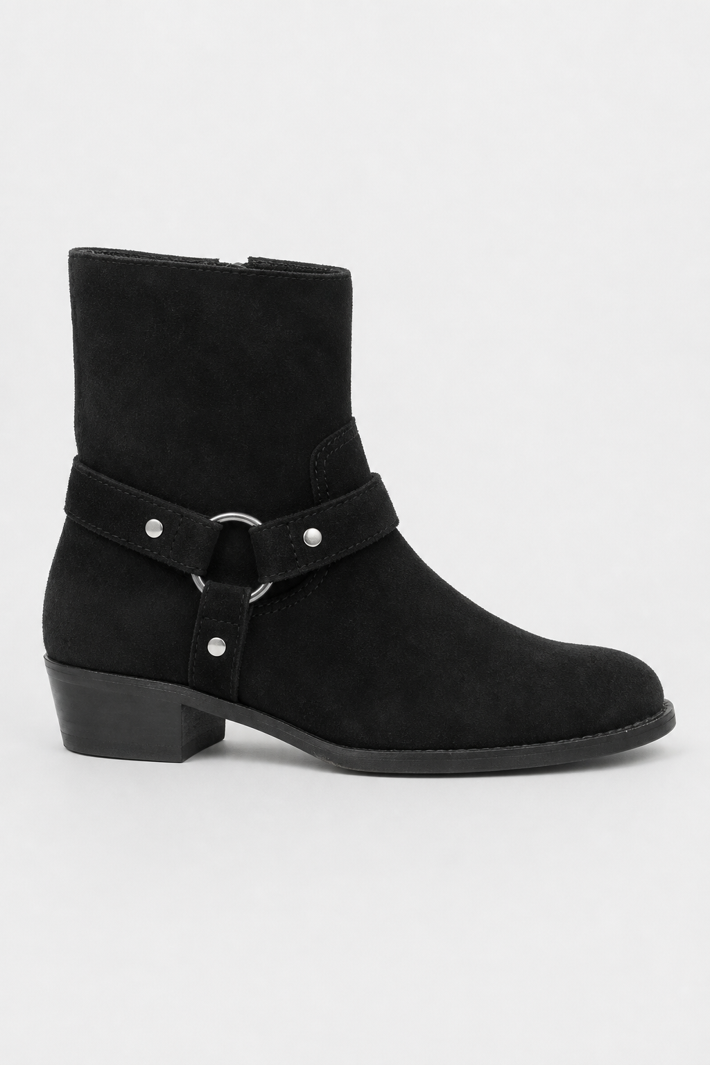 Bottines en Daim Noir à Bride Harnais et Anneau