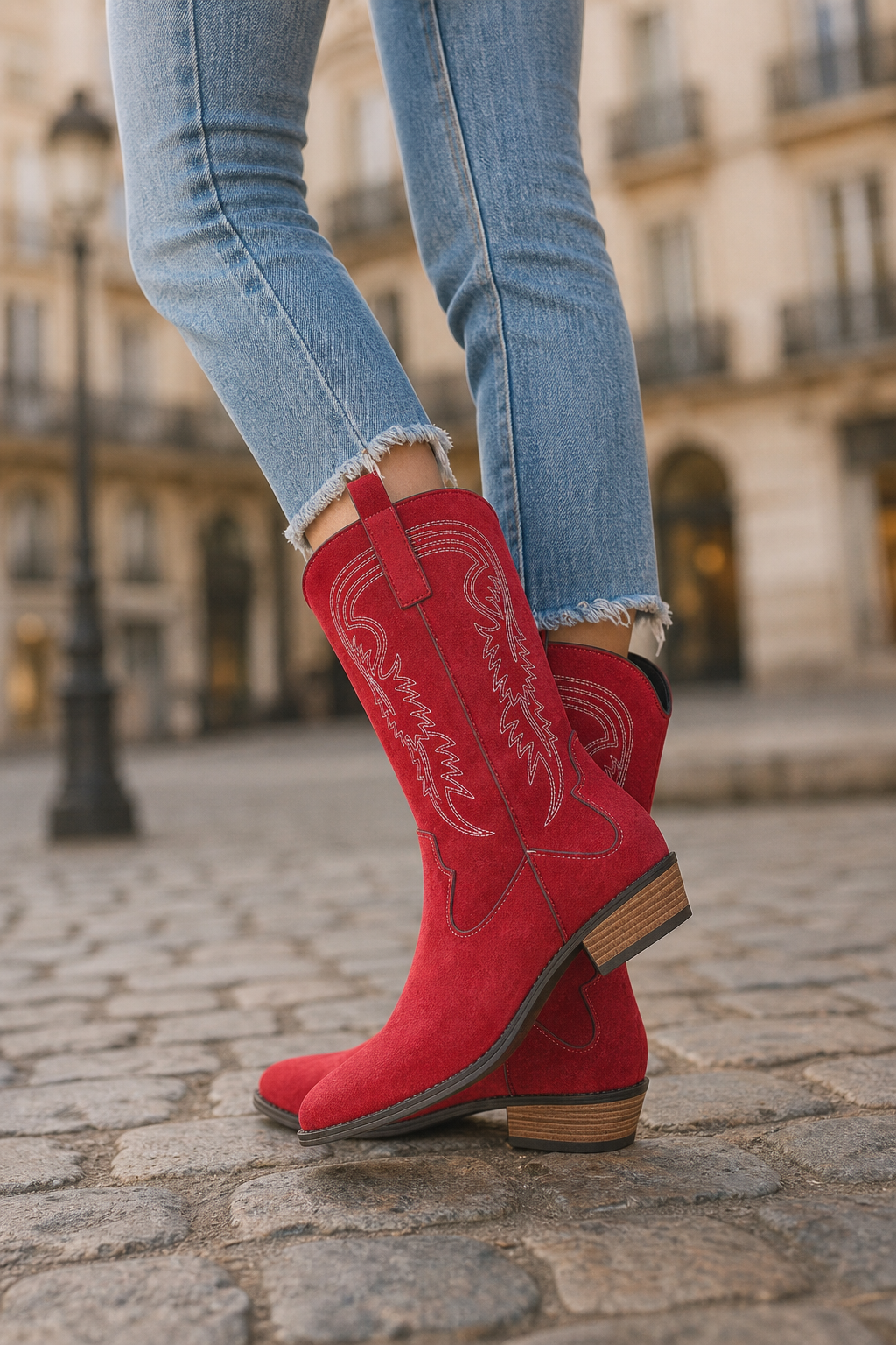 Bottes de Cowboy Mi-Hautes en Daim Rouge à Broderies Western