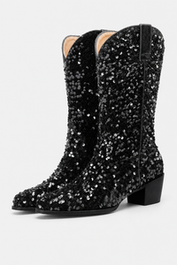 Bottes Santiags Noires Pailletées à Talon 5 cm