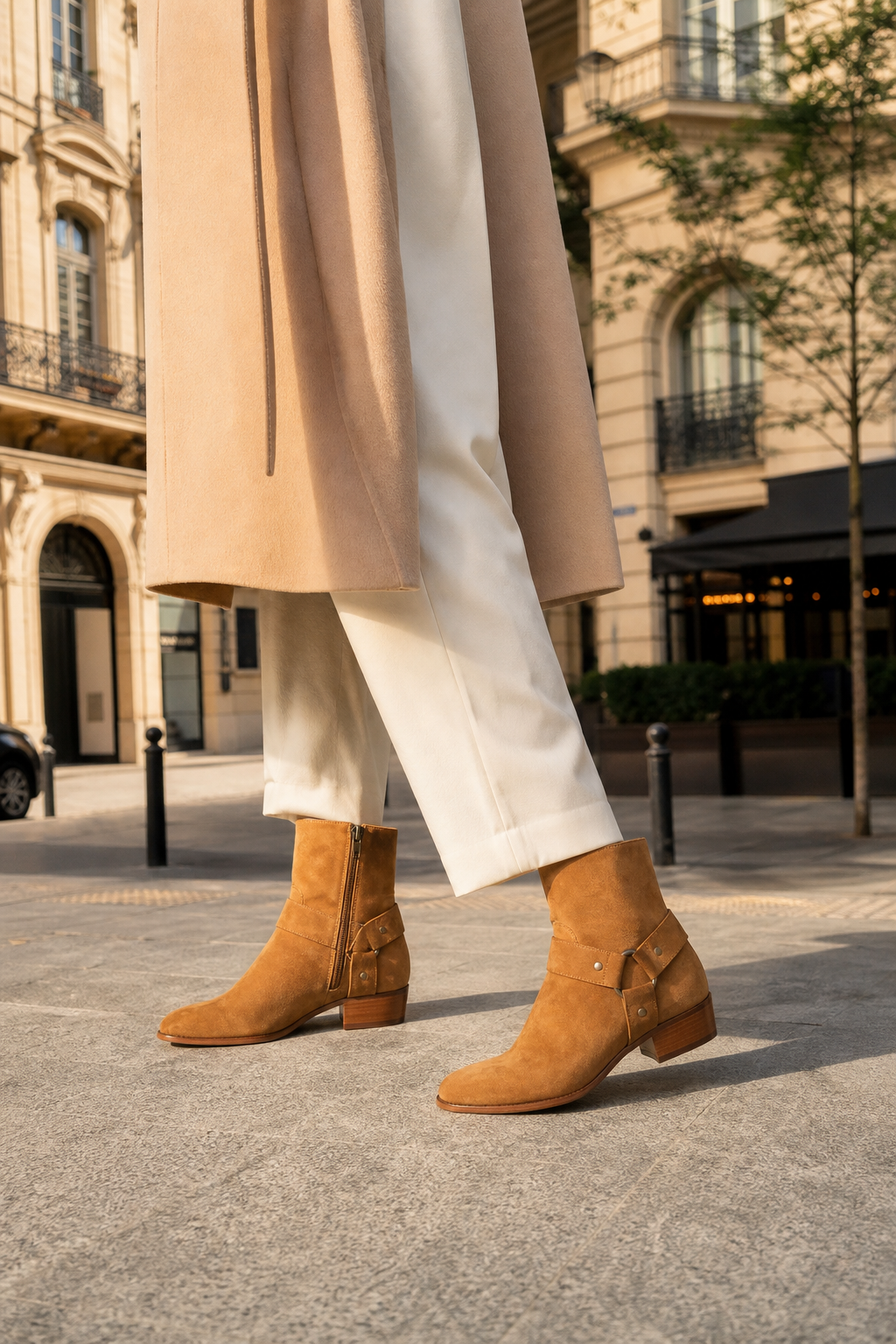 Bottines Pointues en Daim Camel avec Harnais