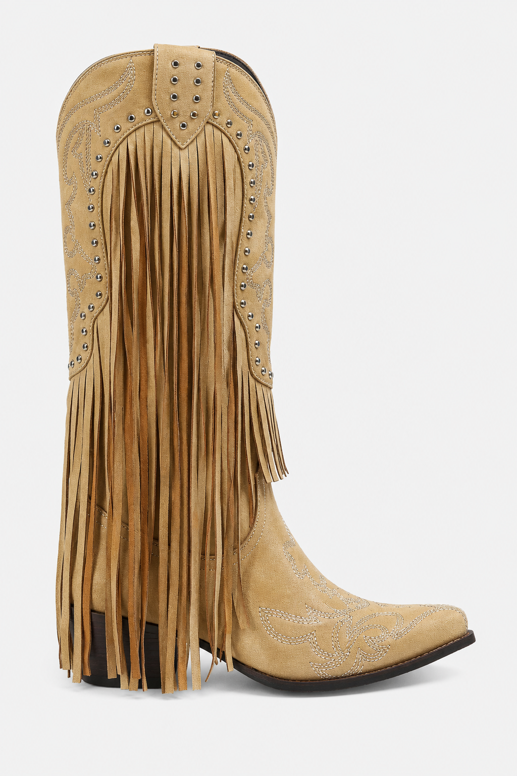 Bottes Santiags en Daim Beige à Franges et Clous