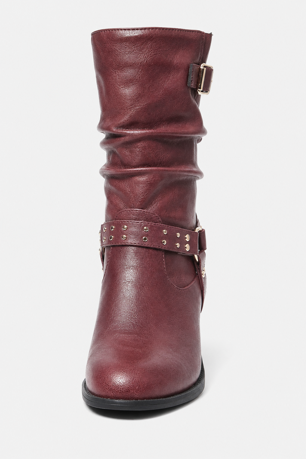Bottes en Similicuir Bordeaux Plissées à Sangle Cloutée Mi-Mollet