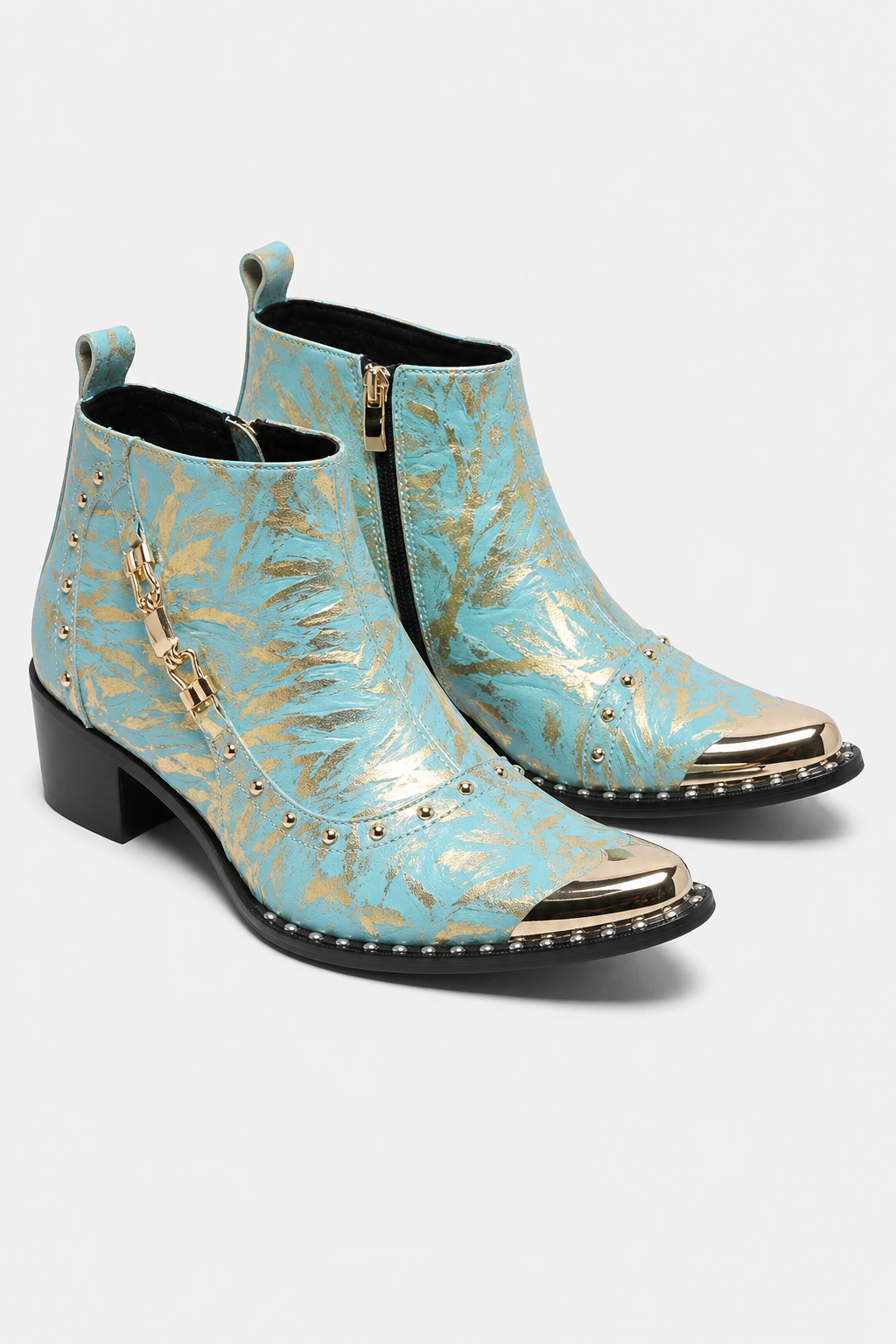Bottines Homme Bleu Ciel Doré à Bout Métallique et Clous