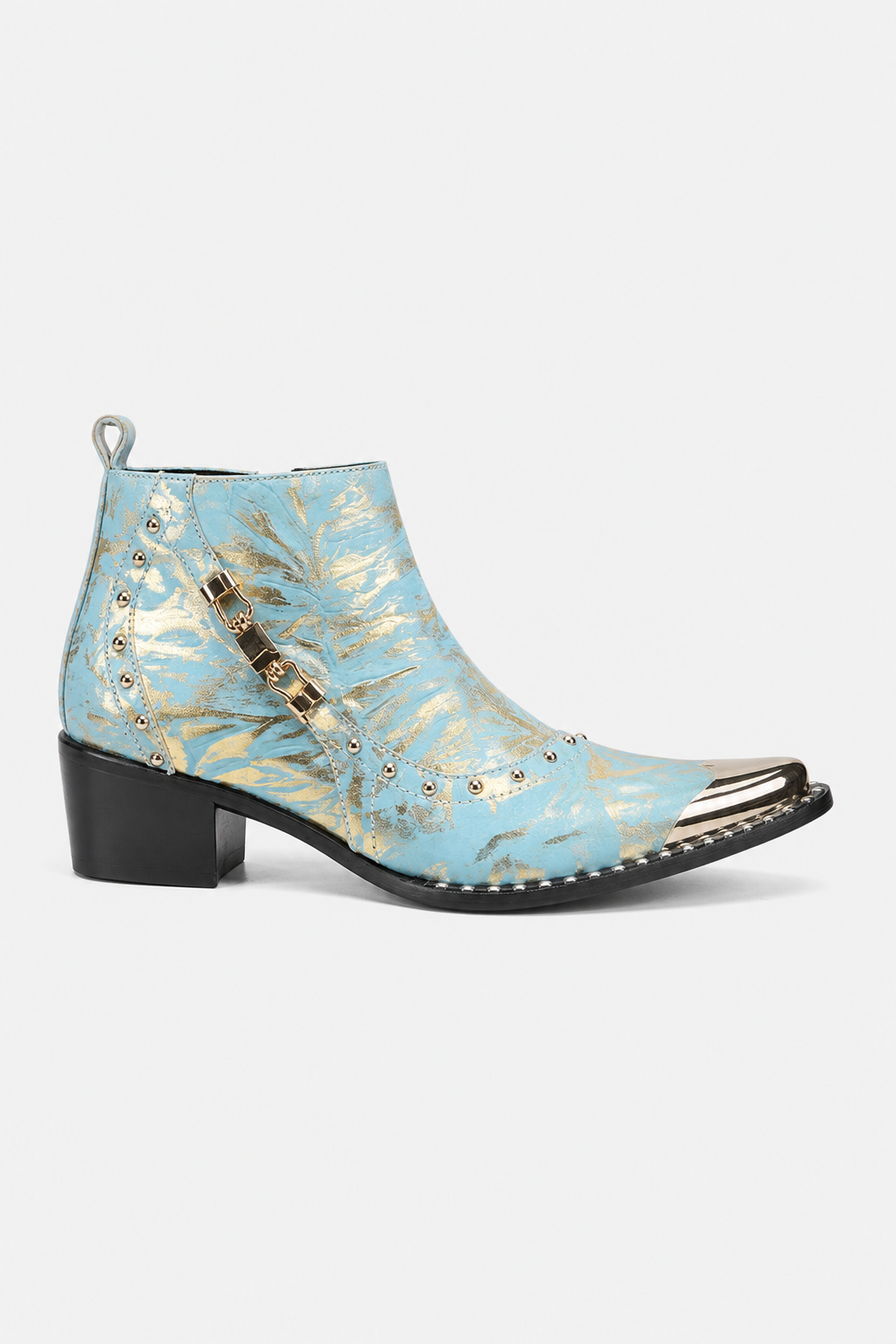 Bottines Homme Bleu Ciel Doré à Bout Métallique et Clous