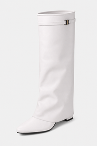 Bottes Montantes en Similicuir Blanc à Effet Plissé