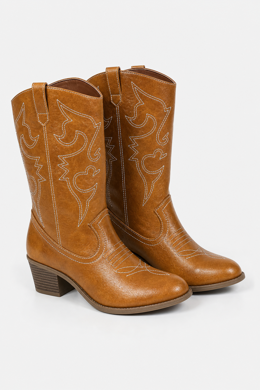 Bottes Santiags Camel à Motifs Brodés Blancs