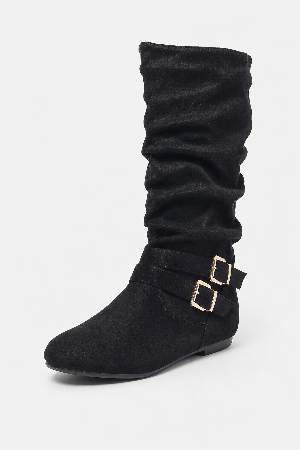 Bottes sans Talon en Daim Noir Plissée à Boucles Dorées