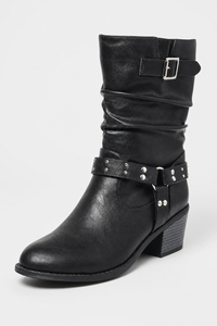 Bottes Noires Plissées à Brides Cloutées et Talon Bloc