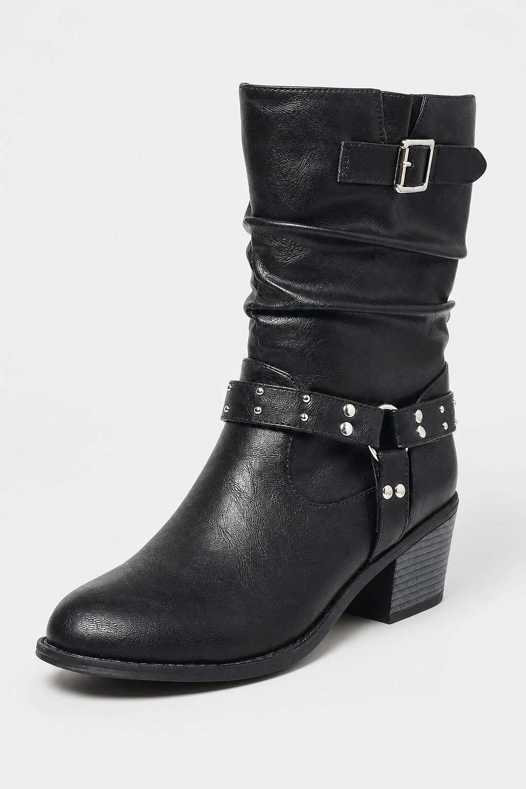 Bottes Noires Plissées à Brides Cloutées et Talon Bloc