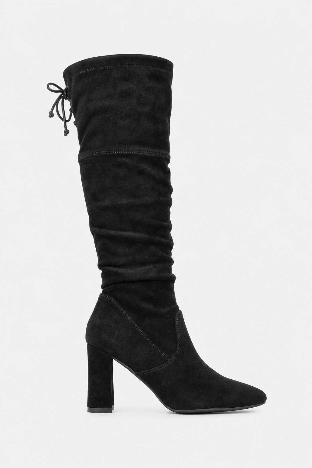 Bottes Cuissardes Noires en Daim Plissées à Talon Bloc