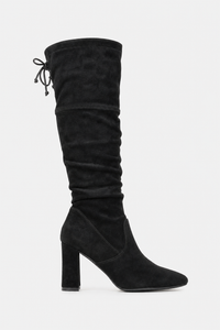 Bottes Cuissardes Noires en Daim Plissées à Talon Bloc
