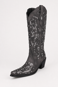 Bottes Santiags Grises en Daim à Motifs Brodés et Strass