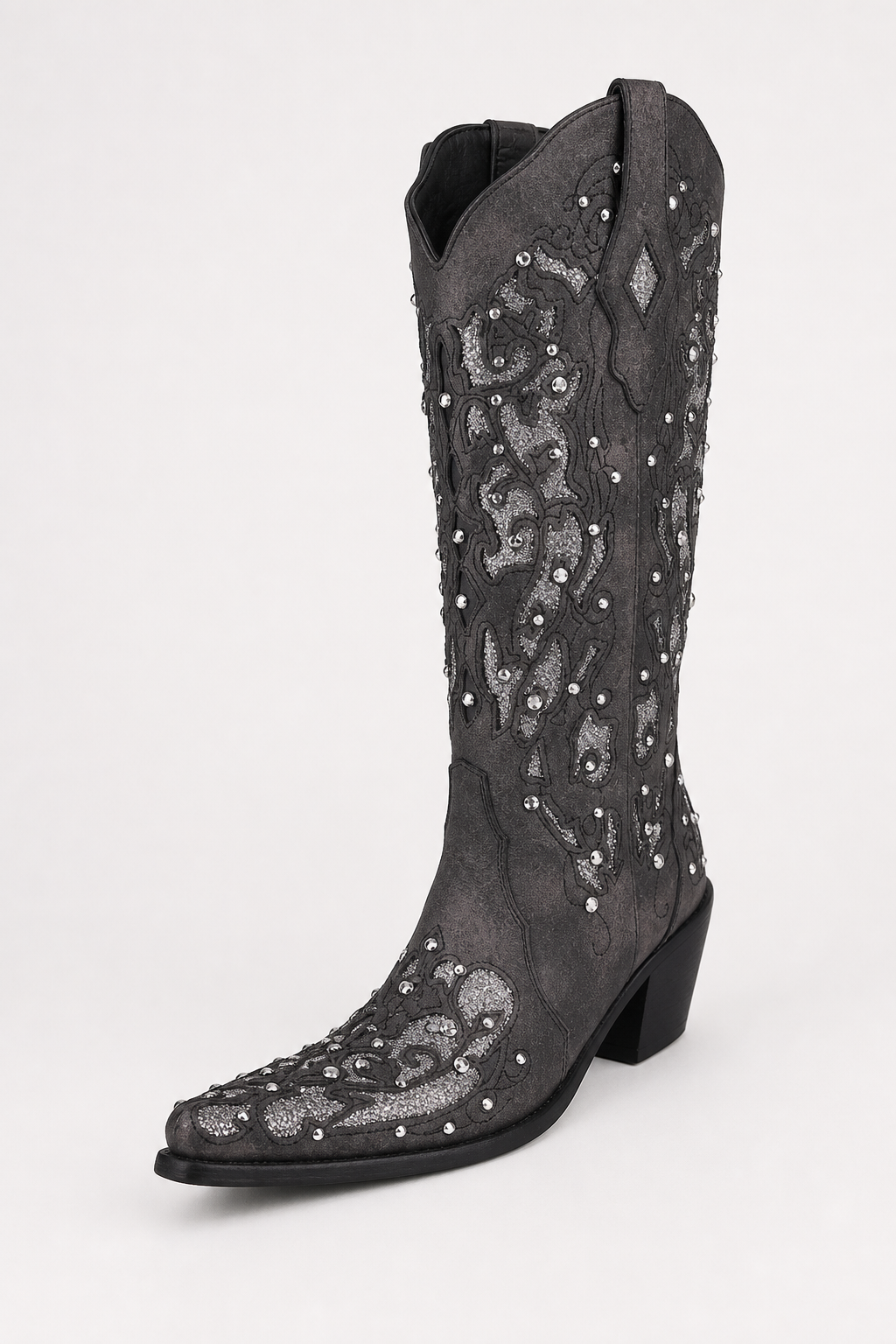 Bottes Santiags Grises en Daim à Motifs Brodés et Strass