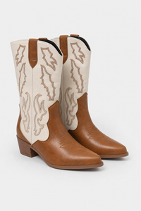 Bottes Santiags en Similicuir Crème et Cognac à Broderies