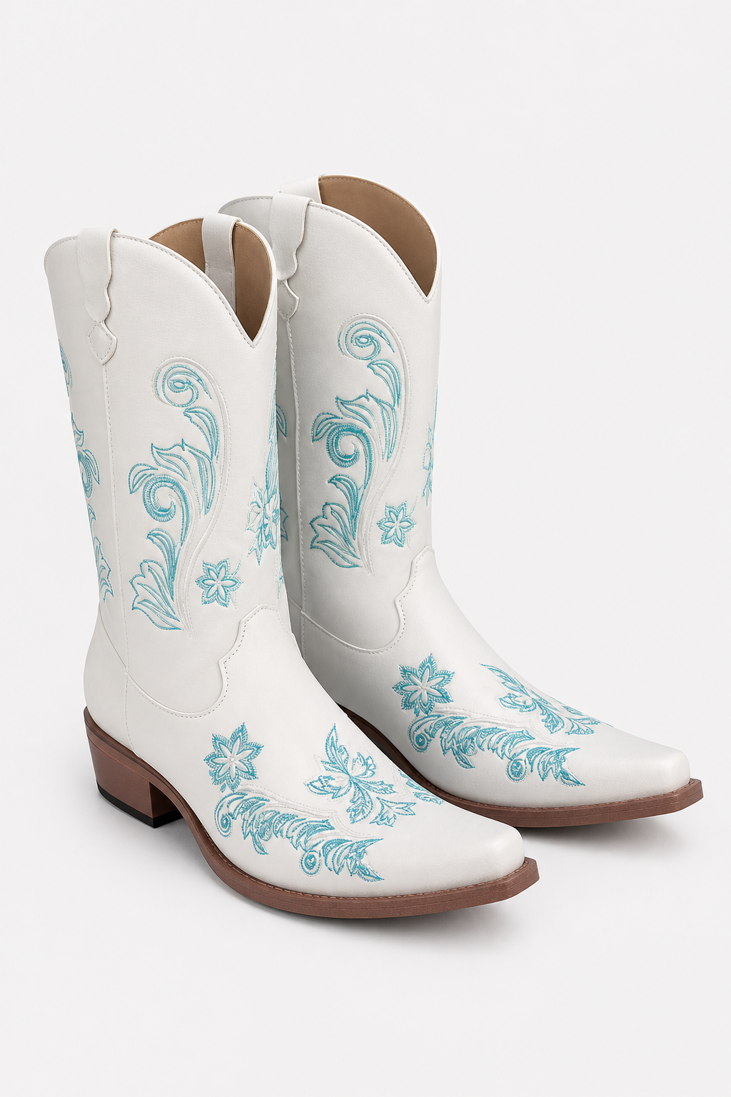 Bottes Santiags Blanches à Broderie Florale Bleu Ciel