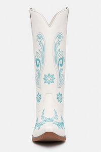 Bottes Santiags Blanches à Broderie Florale Bleu Ciel