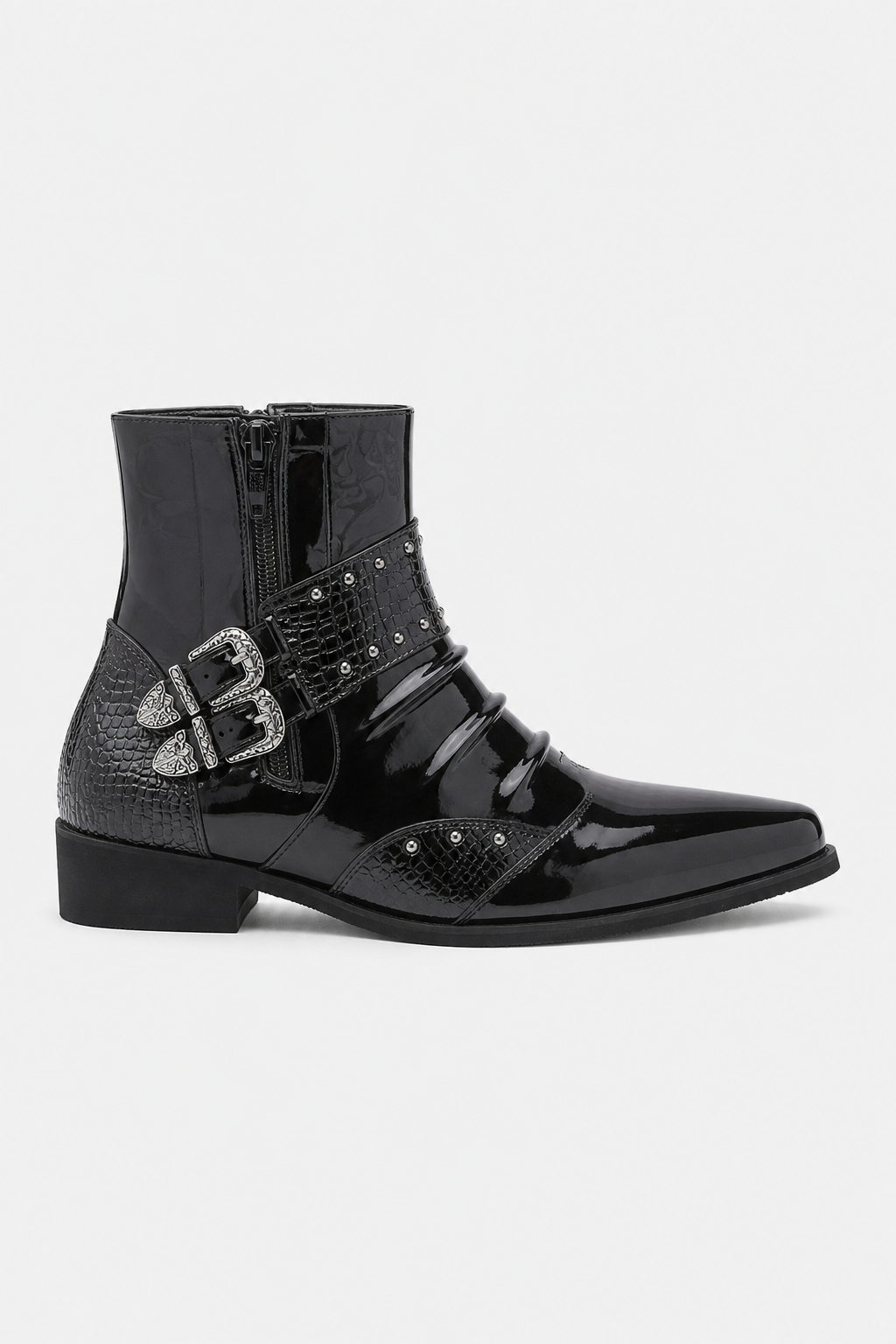 Bottines Homme Noires Vernies à Bout Pointu Croco et Boucle