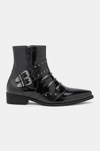 Bottines Homme Noires Vernies à Bout Pointu Croco et Boucle