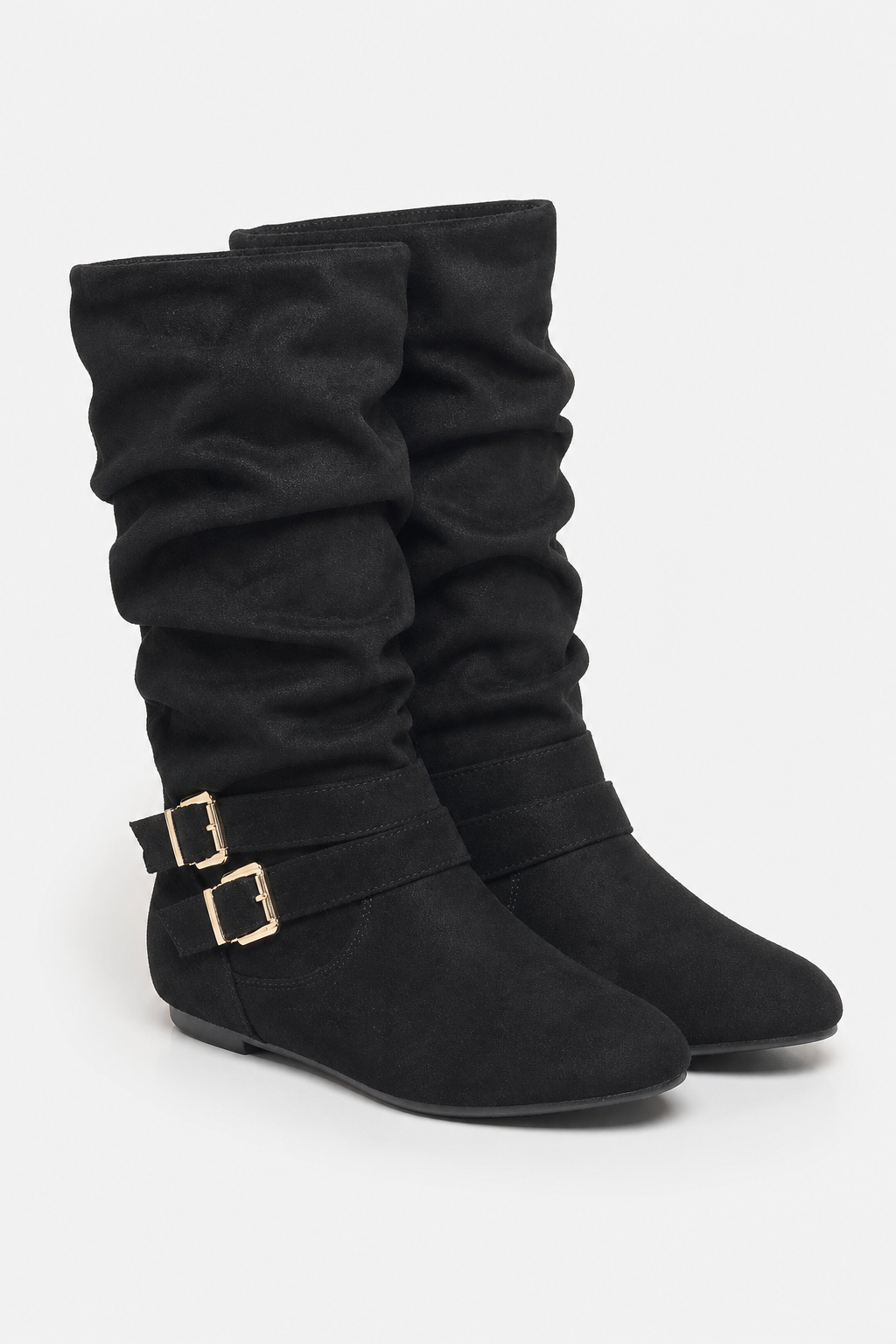 Bottes sans Talon en Daim Noir Plissée à Boucles Dorées
